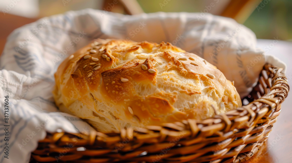A loaf of bread is sitting in a basket on a table. The bread is toasted and has seeds on top. The basket is woven and has a blue and white cloth draped over it. Concept of warmth and comfort A loaf of bread is sitting in a basket on a table. The bread is toasted and has seeds on top. The basket is woven and has a blue and white cloth draped over it. Concept of warmth and comfort