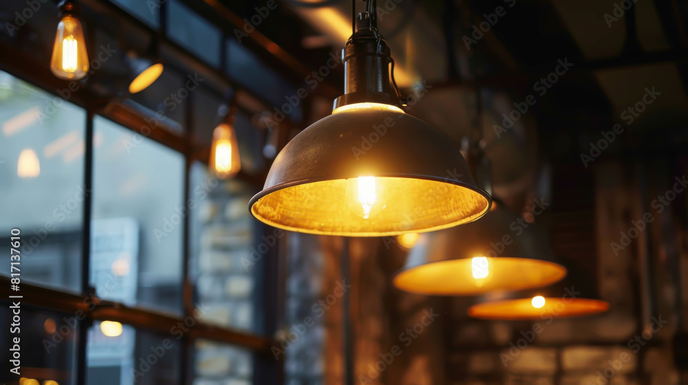 The lights are hanging from the ceiling and are yellow. The lights are on and the room is lit up The lights are hanging from the ceiling and are yellow. The lights are on and the room is lit up
