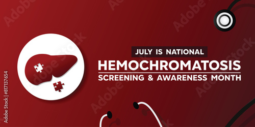 Hemochromatosis Screening and Awareness Month. Liver and stethoscope. Great for cards, banners, posters, social media and more. Red background.