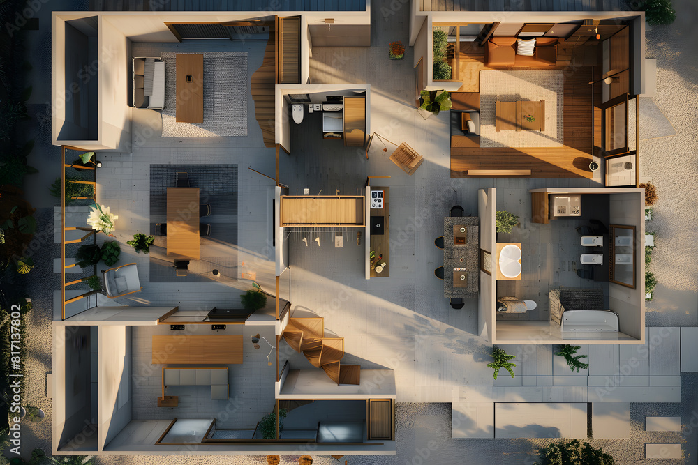Modern house plan: overhead perspective at twilight