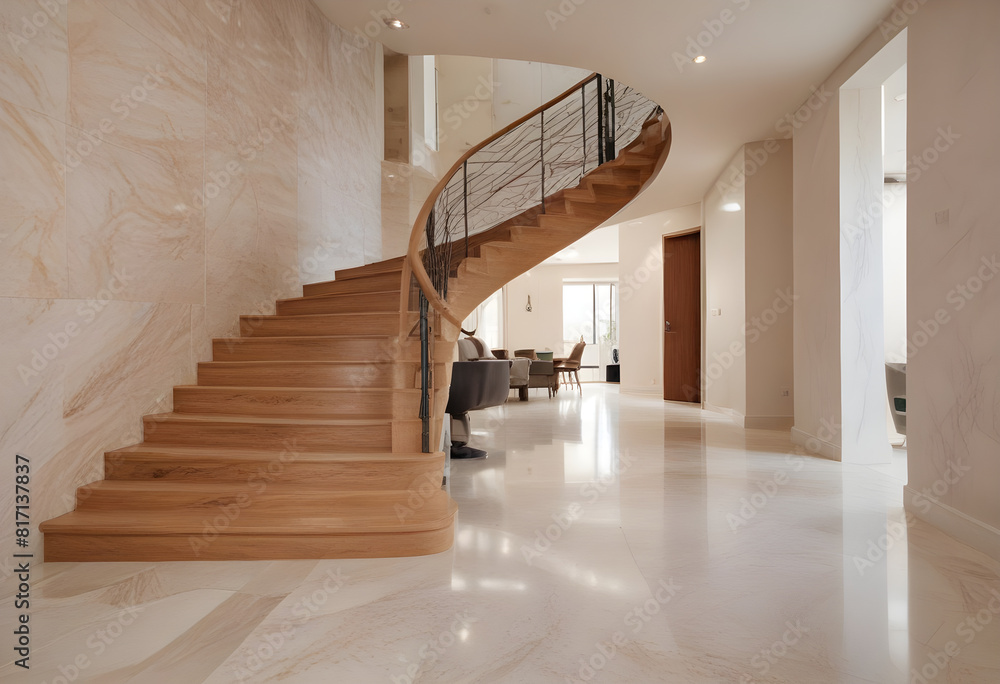 Obraz premium Stunning contemporary home interior featuring an elegant spiral staircase, wood and marble accents, and a sleek minimalist style