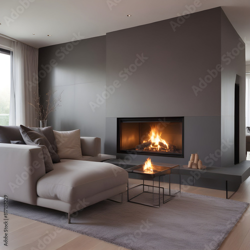 Elegant contemporary living room interior with a lit fireplace  comfortable beige sofa  and minimalist decor in a luxurious residential home