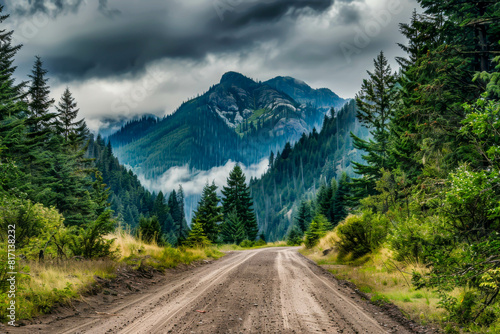 A mountain range is visible in the distance, with a road running through the middle of it. The sky is cloudy, giving the scene a moody and somewhat ominous feel