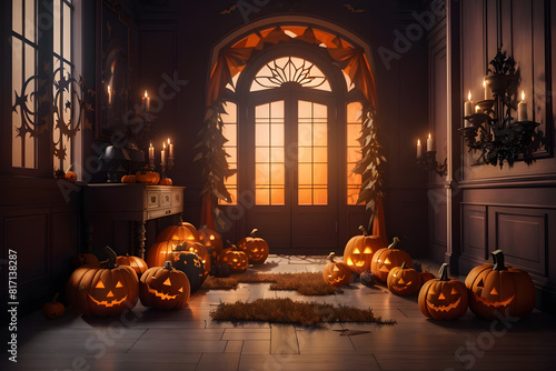 There are pumpkins and jack-o-lanterns on the floor in front of a doorway, scary magical background, Halloween atmosphere, Halloween scene, haunted background, magic doorway, spooky and frigh atmosphe photo