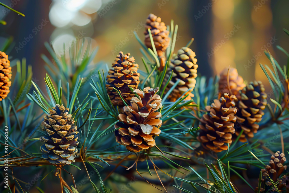 A cluster of pine cones are hanging from a tree branch. The pine cones are brown and green in color A cluster of pine cones are hanging from a tree branch. The pine cones are brown and green in color