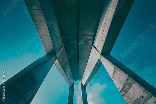 Striking image showcasing the geometric symmetry of an underbridge against a blue sky photo