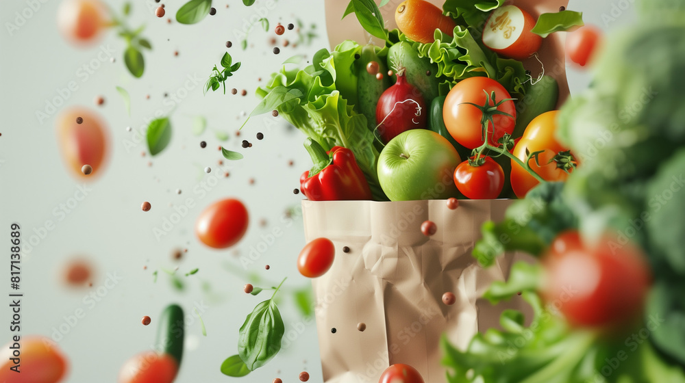 Fresh vegetables falling into the paper bag. vegetables and fruits on white. Shopping food supermarket concept Fresh vegetables falling into the paper bag. vegetables and fruits on white. Shopping food supermarket concept
