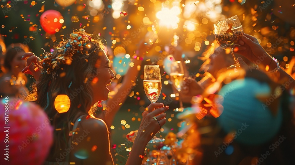 Friends and family gather to celebrate an engagement with a colorful ...