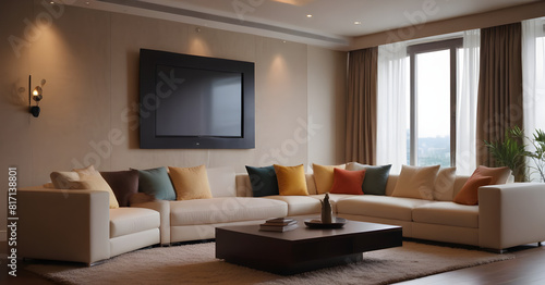 Contemporary living room with a cozy white sofa  vibrant cushions  stylish furniture  and a wall-mounted tv