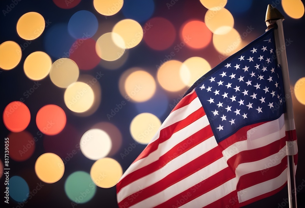 An American flag against a background of colorful bokeh lights, representing patriotism and celebration