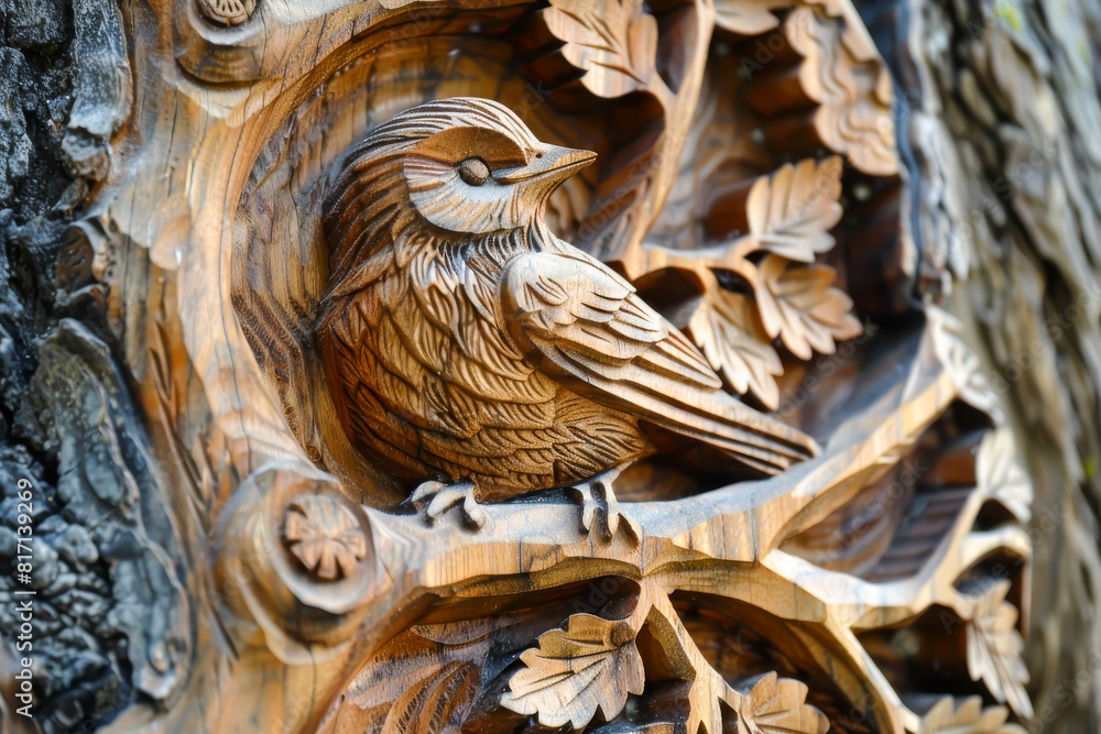 A wooden carving of a bird sitting on a branch. The carving is intricate and detailed, with the bird's feathers and the tree's bark all carefully crafted A wooden carving of a bird sitting on a branch. The carving is intricate and detailed, with the bird's feathers and the tree's bark all carefully crafted