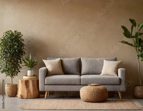 Modern, inviting living space featuring a neutral sofa, wooden accents, and lush greenery for a serene, minimalist style