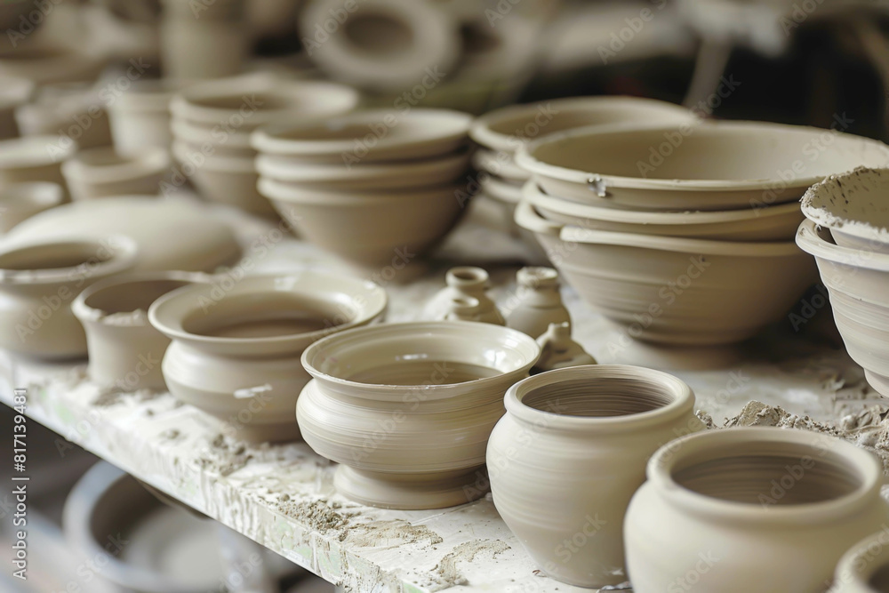A table full of pottery with a variety of shapes and sizes. Scene is artistic and creative, as the pottery is displayed in a way that showcases its unique designs and textures A table full of pottery with a variety of shapes and sizes. Scene is artistic and creative, as the pottery is displayed in a way that showcases its unique designs and textures