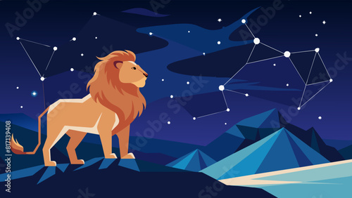 Majestic Lion Stargazing Amidst Night Sky Constellations