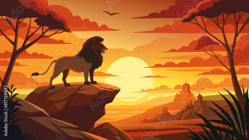 Majestic Lion Overlooking Sunset in Serene African Savannah