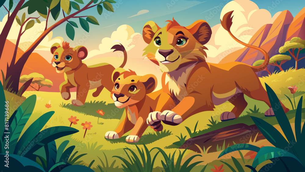 Playful Lion Cubs Exploring the African Savannah at Sunset Playful Lion Cubs Exploring the African Savannah at Sunset