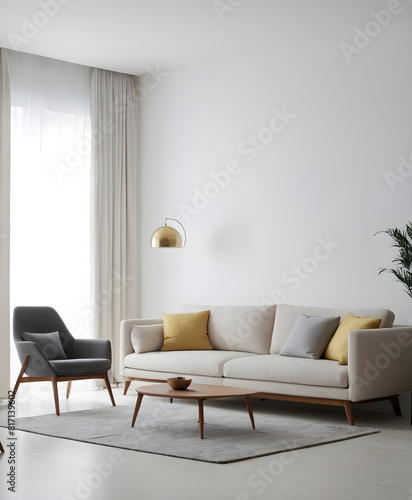 Stylish and inviting living space with a plush sofa  chic accent chair  and simple decor in a neutral color scheme