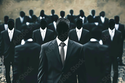 A man in a suit stands in front of a group of men in suits. Concept of power and authority, as the man in the suit is the leader of the group