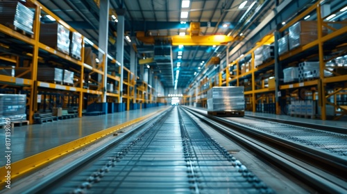 Modern automated warehouse interior with conveyor belts. Industrial logistics and distribution concept