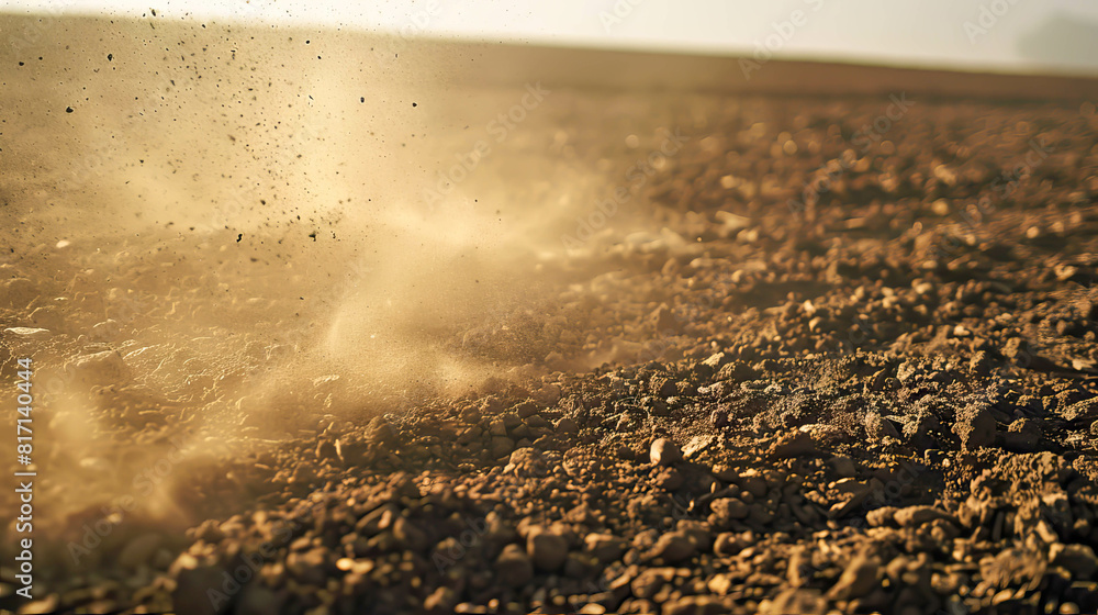 A field of dirt with a lot of dust in the air. The dust is blowing around and covering the ground A field of dirt with a lot of dust in the air. The dust is blowing around and covering the ground
