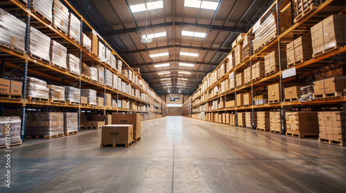 Wallpaper Mural A large warehouse with many boxes stacked on shelves. The boxes are mostly cardboard and are in various sizes Torontodigital.ca