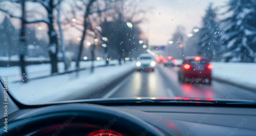A car is driving down a snowy road with a blurry view of the road ahead. The car is surrounded by other cars, and the lights from the cars are reflected in the windshield. The scene is dark and moody A car is driving down a snowy road with a blurry view of the road ahead. The car is surrounded by other cars, and the lights from the cars are reflected in the windshield. The scene is dark and moody