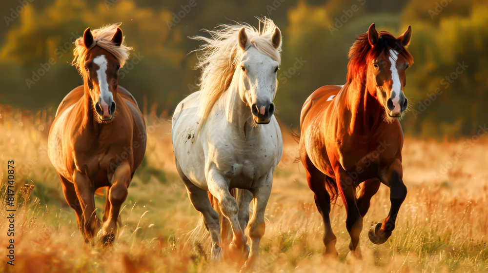 Three horses running in a field with the sun shining on them. The horses are brown and white Three horses running in a field with the sun shining on them. The horses are brown and white