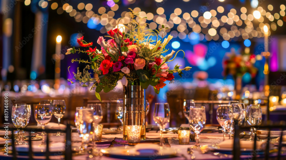 A table with a vase of flowers and a lit candle. The table is set for a dinner party A table with a vase of flowers and a lit candle. The table is set for a dinner party