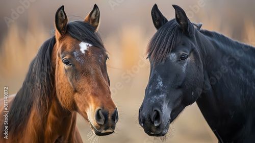 Two horses with brown and black coats are standing next to each other. The brown horse has a white spot on its face