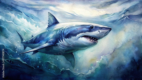 A close-up artistic depiction of a shark speeding through the ocean  showcasing its streamlined form and powerful movement.