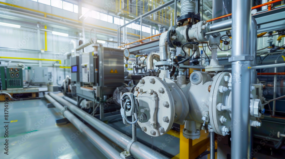 A large industrial building with pipes and valves. Concept of industrial activity and machinery A large industrial building with pipes and valves. Concept of industrial activity and machinery