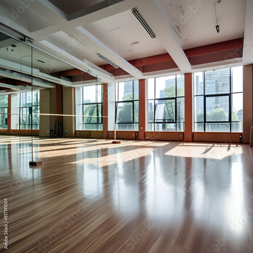 Interior of an empty dance, yoga, fitness studio hall with big mirrors, windows and wooden floor