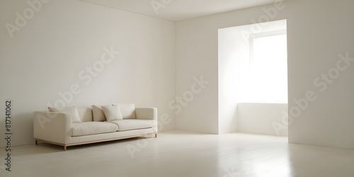 Minimalist living room with a white sofa  sleek design  and abundant natural light from a large window