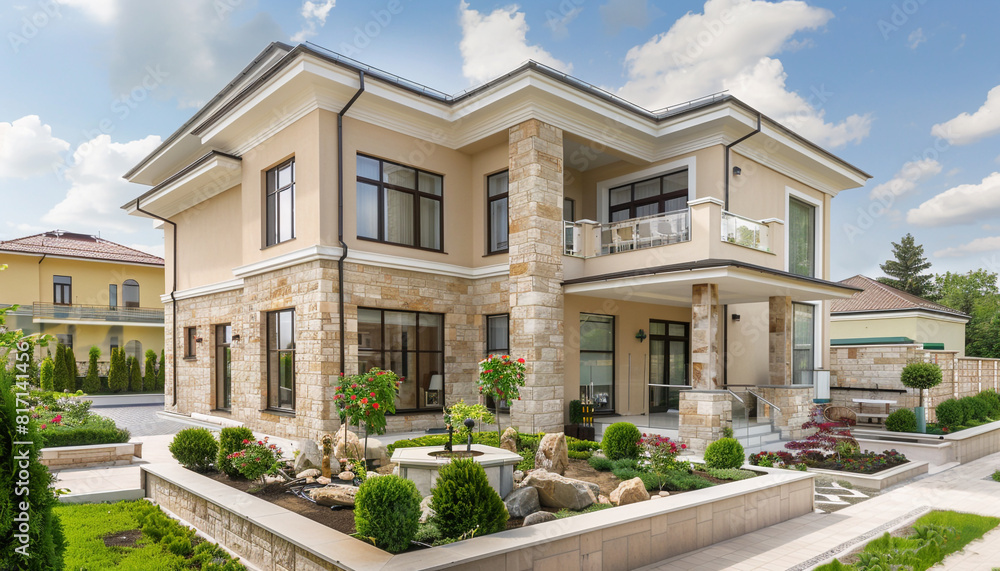 Luxurious modern home with a beige exterior, featuring elegant stonework and a peaceful garden. Full front view in a summer suburb.