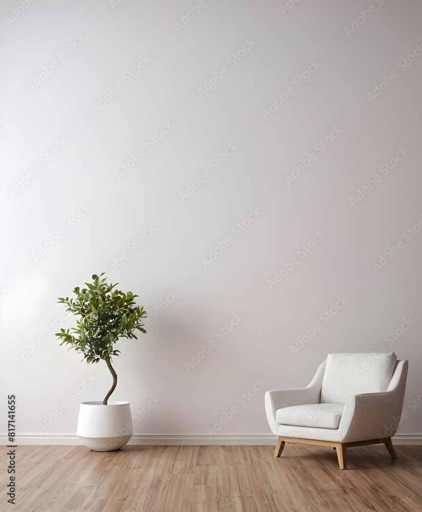 Tranquil living room scene featuring a cozy accent chair next to a potted plant against a neutral wall backdrop Tranquil living room scene featuring a cozy accent chair next to a potted plant against a neutral wall backdrop