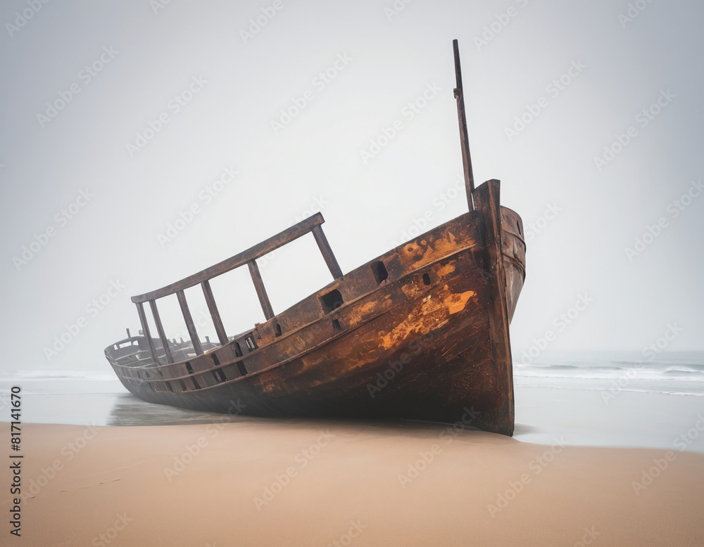 Naklejka premium old abandoned shipwreck at the shore on a misty day