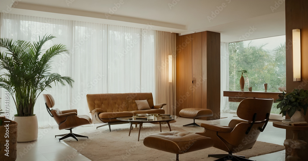Sophisticated and modern living room interior featuring chic furnishings, cozy lighting, and a harmonious earthy color scheme in a spacious setting Sophisticated and modern living room interior featuring chic furnishings, cozy lighting, and a harmonious earthy color scheme in a spacious setting