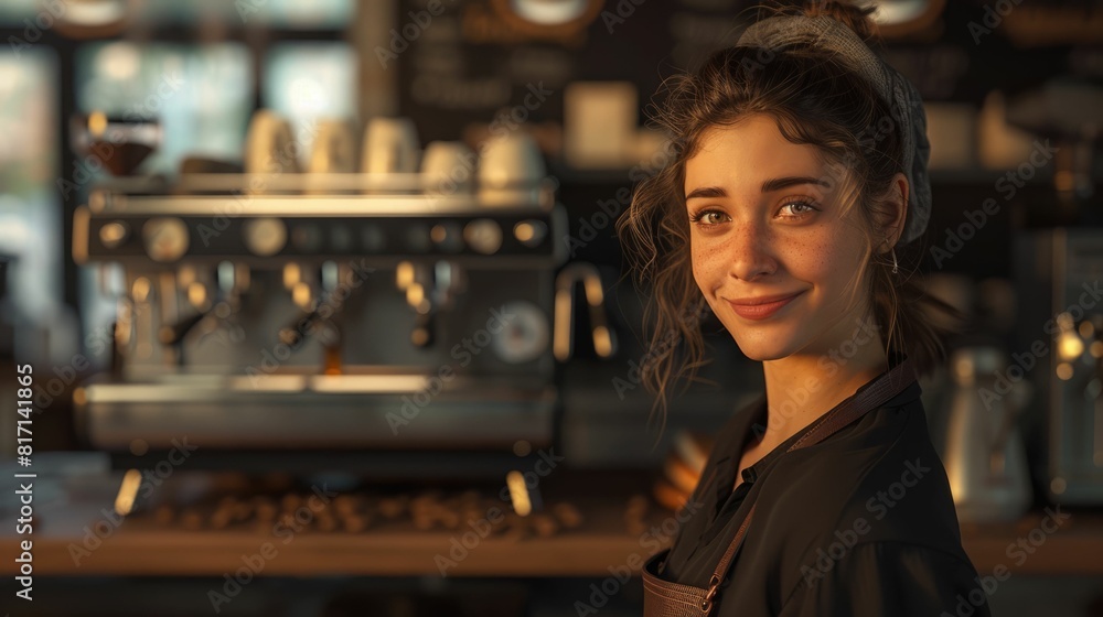 The picture of the barista working inside the cafe or the coffee shop, the barista skills require the knowledge of the various type of the coffee bean and time management in making the coffee. AIG43.