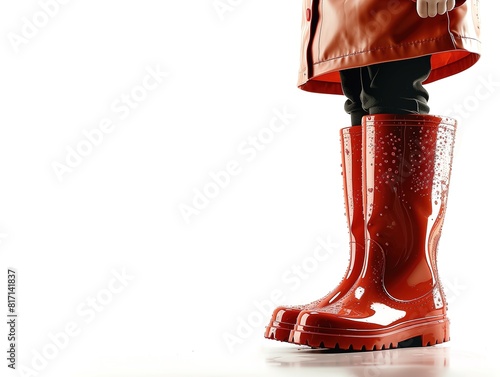 A person wearing bright red rain boots.