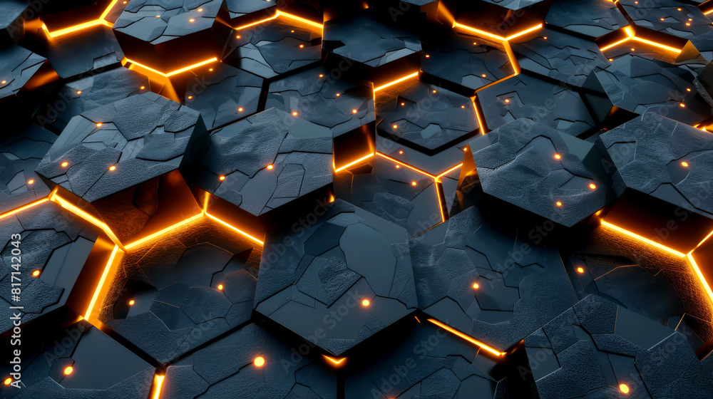 A black and orange background with a pattern of hexagons. The hexagons are lit up with orange lights, creating a futuristic and industrial feel A black and orange background with a pattern of hexagons. The hexagons are lit up with orange lights, creating a futuristic and industrial feel