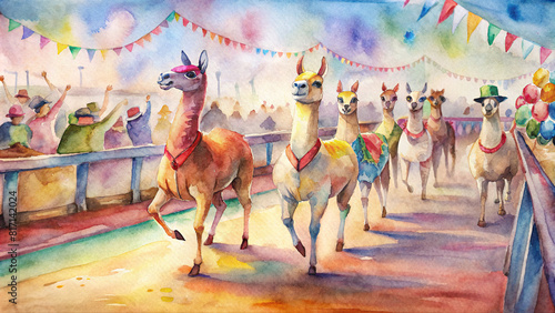 llama racing event with colorful banners and cheering spectators in the background, featuring llamas with jockeys racing on a dirt track photo