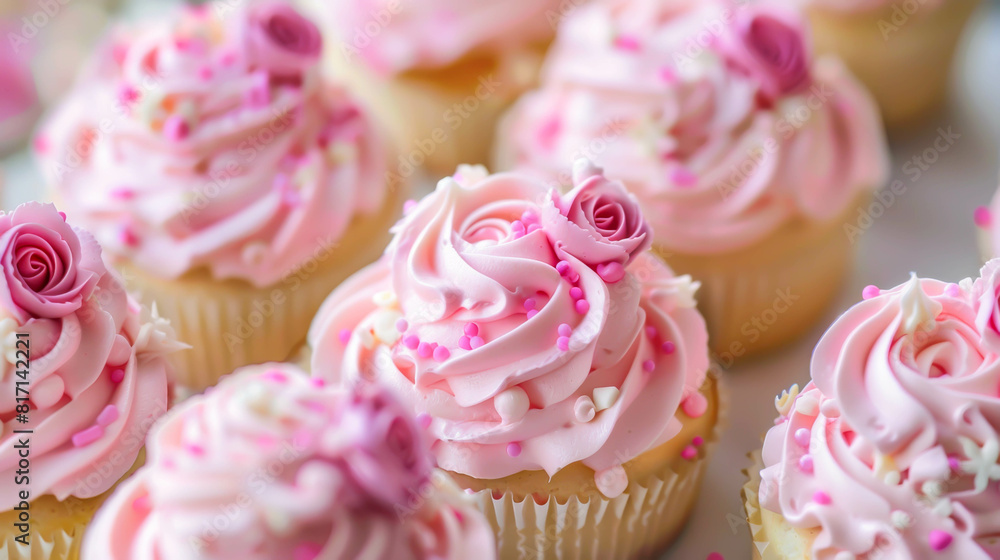 A row of pink cupcakes with pink frosting and pink sprinkles A row of pink cupcakes with pink frosting and pink sprinkles