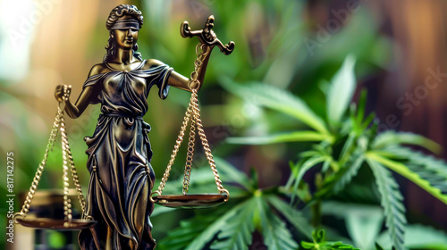 A statue of a woman holding scales with a cannabis plant in the background. The statue represents the idea of justice and the plant represents the controversial topic of marijuana