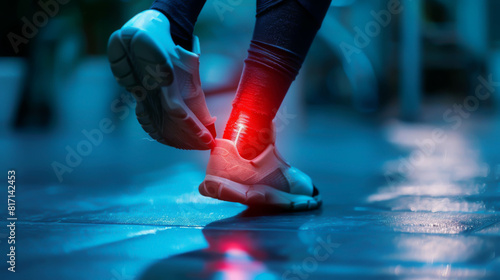 A person with a red ankle is walking on a wet floor. Concept of discomfort and pain, as the person is limping and he is in distress. The wet floor adds to the overall mood of the scene photo