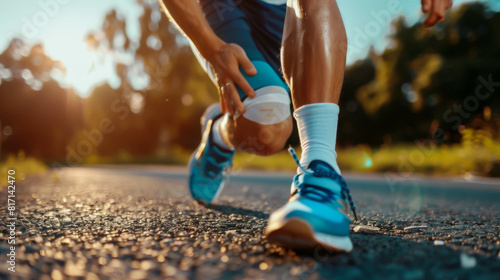 A man is running on a road with his knee bent. He is wearing blue shoes and white socks indicating that it is injured photo