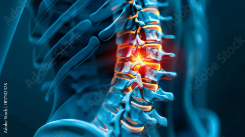 A blue and orange spine with a red spot on it. The spine is shown in a 3D image, indicating that it is injured