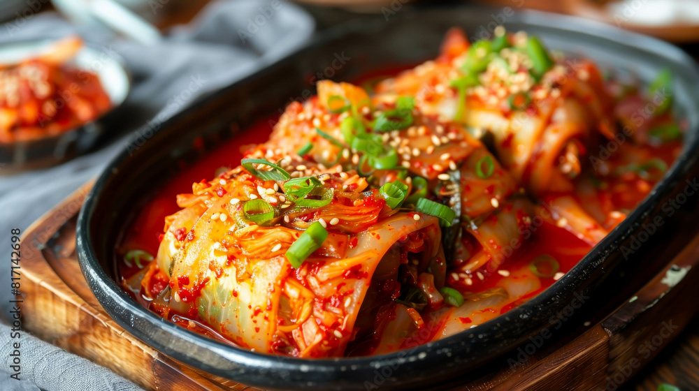 A plate of food with a lot of green onions and red sauce. The dish is served in a black bowl on a wooden table A plate of food with a lot of green onions and red sauce. The dish is served in a black bowl on a wooden table