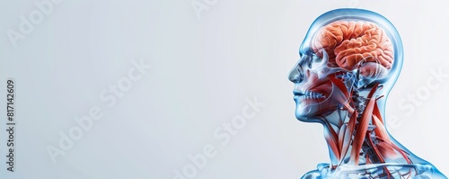 Digital medical illustration showcasing detailed human brain and facial anatomy on a panoramic white background