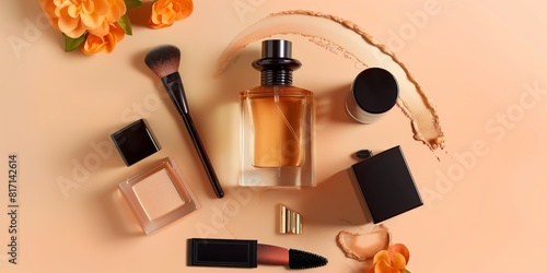 High-end cosmetics with golden fragrance bottle photo