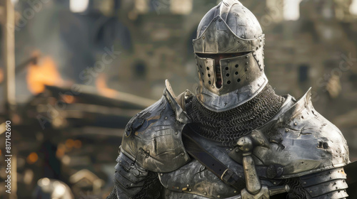 A knight in full armor stands in front of a burning building. The knight is wearing a helmet and a chain mail shirt. The scene is set in a war zone